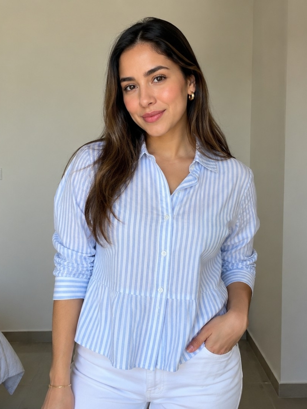 Love Notes Light Blue and White Striped Peplum Button-Down Shirt